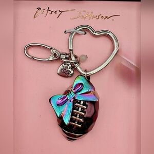 Betsey Johnson Football Bag Charm Keychain with Heart and Bow 4 Inches NWT